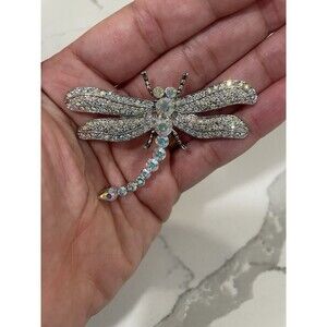 Large Dragonfly Pin Brooch AB Rhinestones Silver Lapel Pin